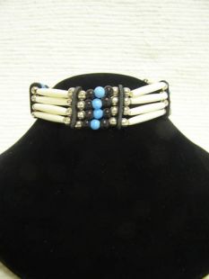 Native American Four-Row White Choker with Blue and Black Glass Beads